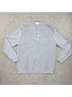 Nautica Men's Ribbed Henley Pullover Sweater Light Gray XL 100% Cotton